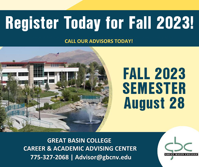 GBC Elko Campus fountain and DCIT building with Summer and Fall Enrollment info graphic.