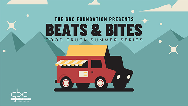 Illustrated food truck sitting in front of mountains with the GBC logo and information about Beats & Bites in text