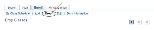 Click the Drop link on the enrollment page. Instructions on how to click the Drop link in image.