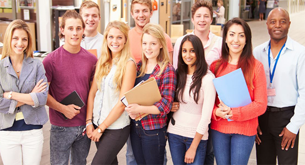 Group of students gather indoors page title graphic.