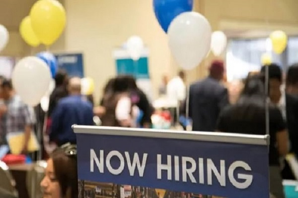 People walking around the career fair graphic.