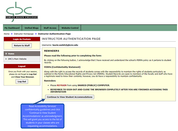 Graphic depicting how to Read Accessibility Services’ confidentiality guidelines and click ‘Continue to View Student Accommodations’ to acknowledge it.