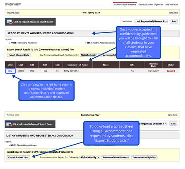 Graphic depicting on how to Click on “View” in the left-hand column to review individual student notification letters and approved accommodation details.