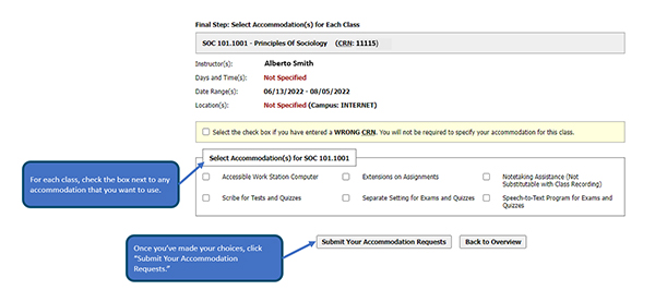 Graphic depicting Once you’ve made your choices, how to click “Submit Your Accommodation Requests.”