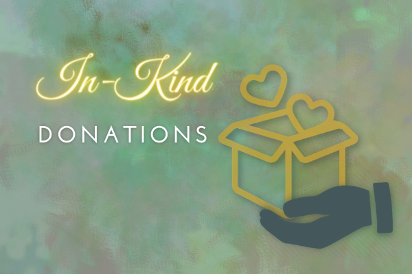 In-Kind donations a graphic hand holds a box of hearts.Non-cash Giving graphic.