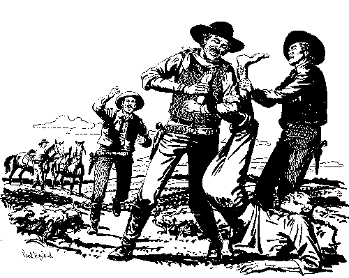 Drawing of ranch hands looking at suspect feet.