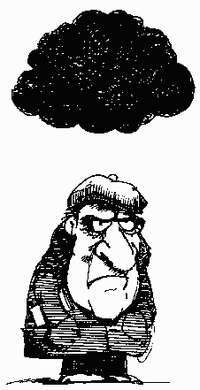 Drawing of a man under a storm cloud.