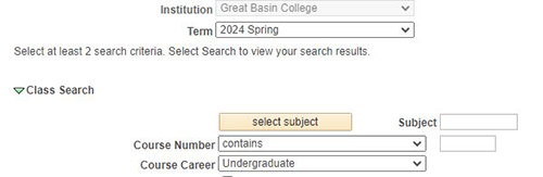 Image of MyGBC form showing the Term, Subject and number fields.